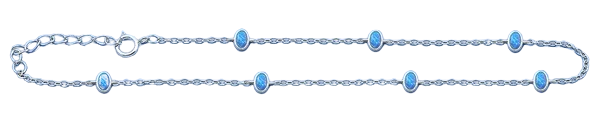 Sterling Silver Rhodium Plated Oval Blue Lab Opal Anklet