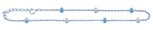 Sterling Silver Rhodium Plated Oval White And Blue Lab Opal Anklet