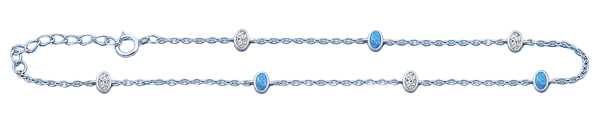 Sterling Silver Rhodium Plated Blue Lab Opal And Clear CZ Anklet Length-9+1inches Extension