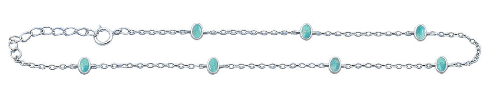 Sterling Silver Rhodium Plated Oval Turquoise Stone Anklet