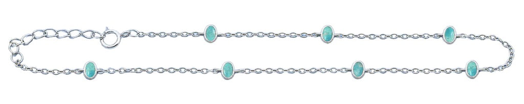 Sterling Silver Rhodium Plated Oval Turquoise Stone Anklet