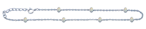 Sterling Silver Rhodium Plated White Lab Opal Anklet Length-9+1inches Extension