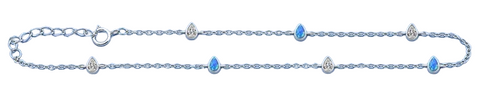 Sterling Silver Rhodium Plated Pear Clear CZ And Blue Lab Opal Anklet Length-9+1inches Extension