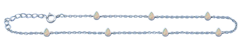 Sterling Silver Rhodium Plated Pear White Lab Opal Anklet Length-9+1inches Extension