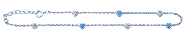 Sterling Silver Rhodium Plated Hearts Clear CZ And Blue Lab Opal Anklet