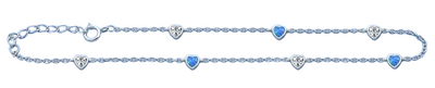 Sterling Silver Rhodium Plated Hearts Clear CZ And Blue Lab Opal Anklet