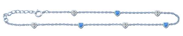 Sterling Silver Rhodium Plated Clear CZ And Blue Lab Opal Heart Anklet Length-9+1inches Extension