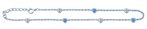 Sterling Silver Rhodium Plated Clear CZ And Blue Lab Opal Heart Anklet Length-9+1inches Extension