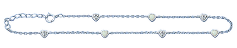 Sterling Silver Rhodium Plated Clear CZ And White Lab Opal Heart Anklet Length-9+1inches Extension