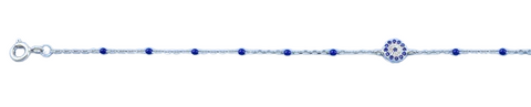 Sterling Silver Rhodium Plated Round Blue And Clear CZ Anklet Length-9+1inches Extension, Charm Height-5.8mm-Chain Thickness-1mm