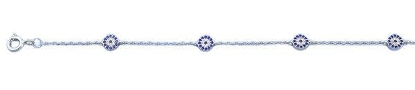 Sterling Silver Rhodium Plated Round Blue And Clear CZ Anklet Length-9+1inches Extension, Charm Height-5mm-Chain Thickness-1.4mm