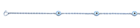 Sterling Silver Rhodium Plated Evil Eye Anklet Length-9+1inches Extension, Charm Height-5mm-Chain Thickness-1.4mm