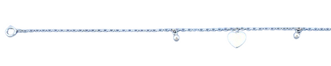 Sterling Silver Rhodium Plated Hearts Anklet Length-9+1inches Extension, Charm Height-7.7mm-Chain Thickness-1.4mm