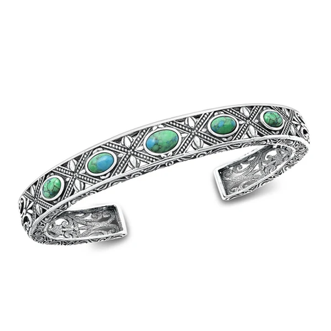 Sterling Silver Oxidized Oval Turquoise Stone Bangle Bracelet