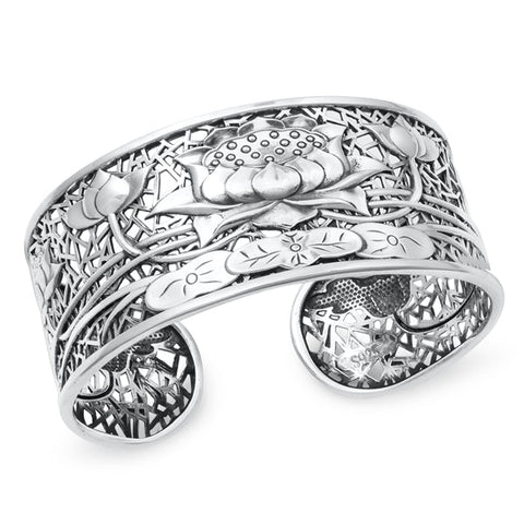 Sterling Silver Oxidized Lotus Flowers Bangle Bracelet