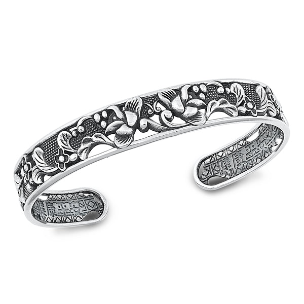 Sterling Silver Oxidized Flowers Bangle Bracelet