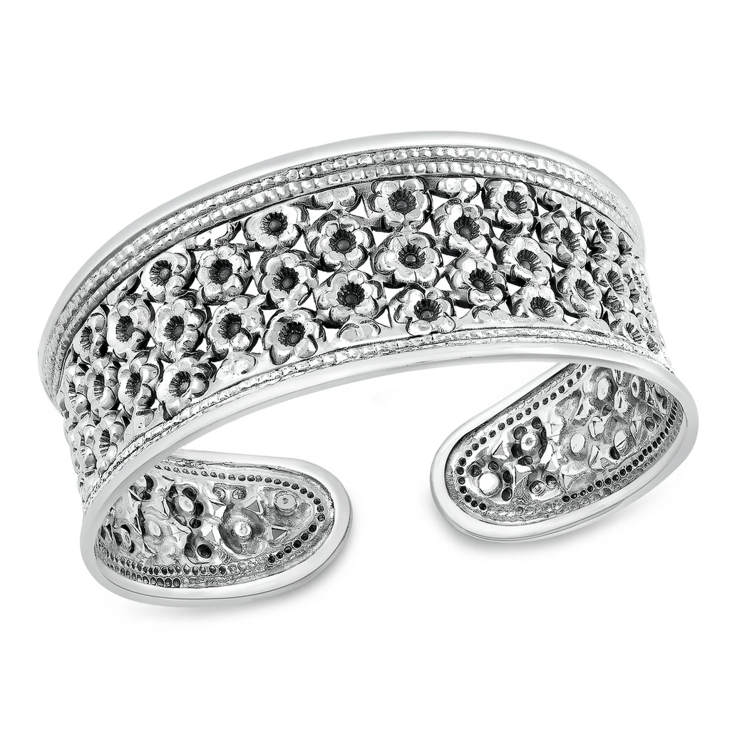 Sterling Silver Oxidized Handmade Floral Thai Silver Cuff Bracelet