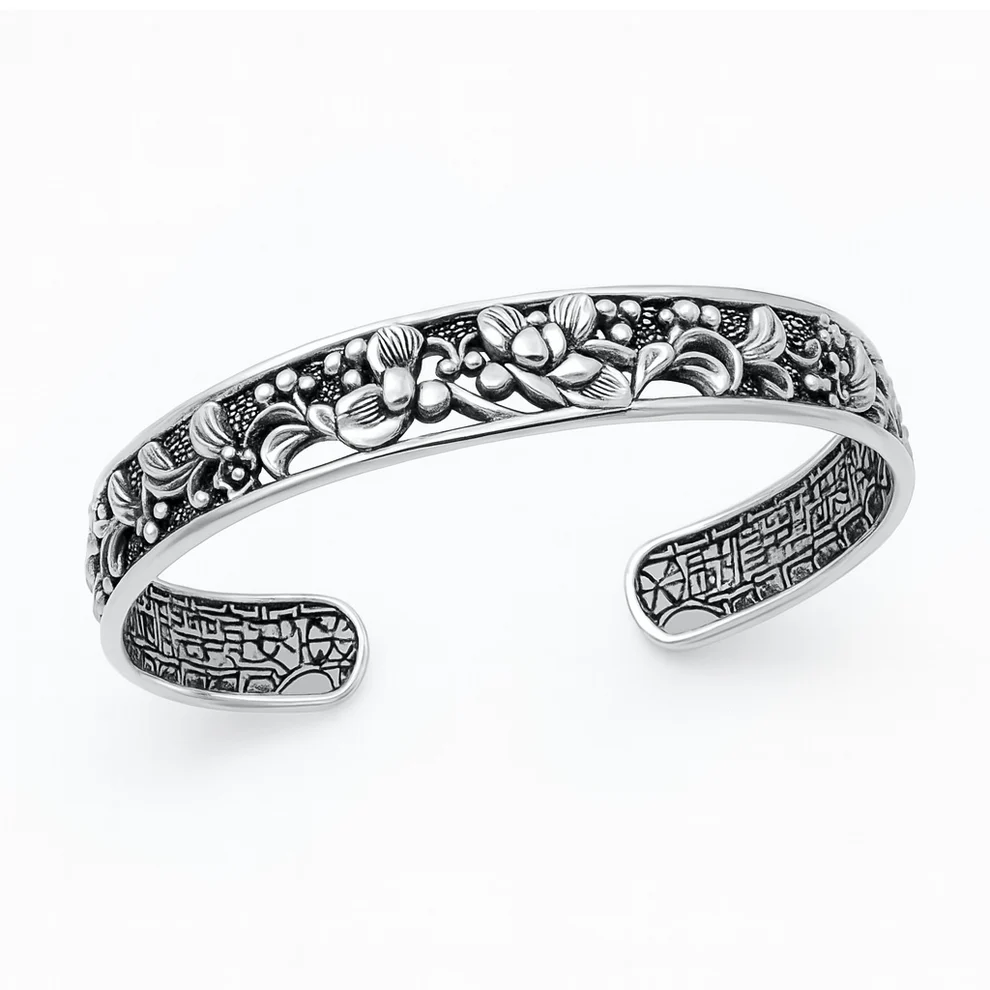 Sterling Silver Oxidized And Polished Floral Cuff Bracelet