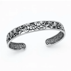 Sterling Silver Oxidized And Polished Floral Cuff Bracelet