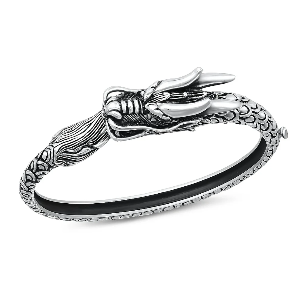 Sterling Silver Oxidized And Polished Dragon Bangle Bracelet