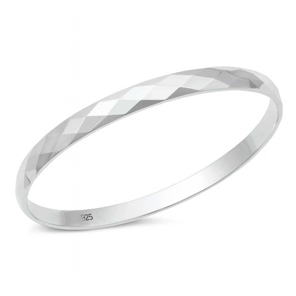 Sterling Silver Polished Snap Closure Faceted Bangle