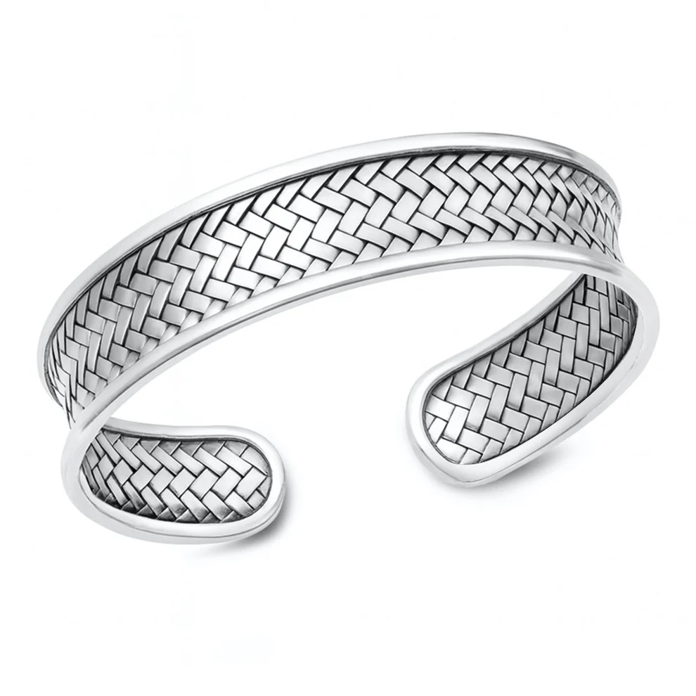 Sterling Silver Oxidized And Polished Woven Basket Weave Cuff Bangle