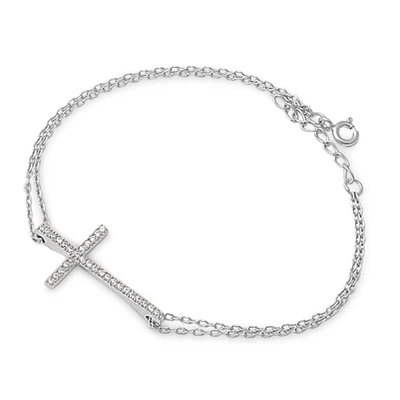 Sterling Silver Rhodium Plated Clear CZ Sideway Cross Bracelet