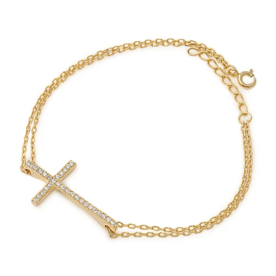 Sterling Silver Gold Plated Clear CZ Sideway Cross Bracelet