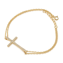 Sterling Silver Gold Plated Clear CZ Sideway Cross Bracelet