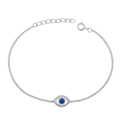 Sterling Silver Rhodium Plated Blue Sapphire CZ Evil Eye Bracelet