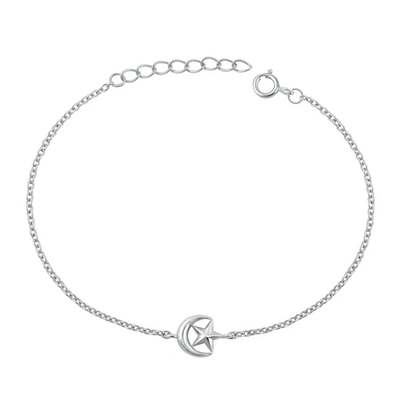 Sterling Silver Rhodium Plated Moon And Star Bracelet