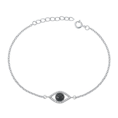 Sterling Silver Rhodium Plated Black CZ and Clear CZ Evil Eye Bracelet