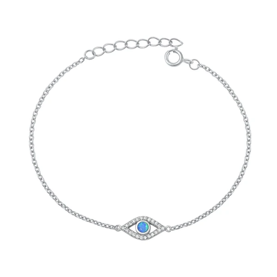 Sterling Silver Rhodium Plated Evil Eye Blue Lab Opal And Clear CZ Bracelet