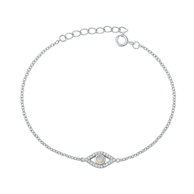 Sterling Silver Rhodium Plated Evil Eye White Lab Opal And Clear CZ Bracelet