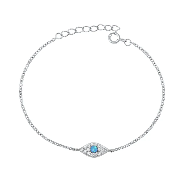 Sterling Silver Rhodium Plated Evil Eye Clear CZ And Blue Lab Opal Bracelet