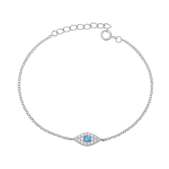 Sterling Silver Rhodium Plated Evil Eye Clear CZ And Blue Lab Opal Bracelet