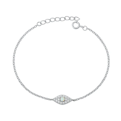 Sterling Silver Rhodium Plated Evil Eye Clear CZ And White Lab Opal Bracelet