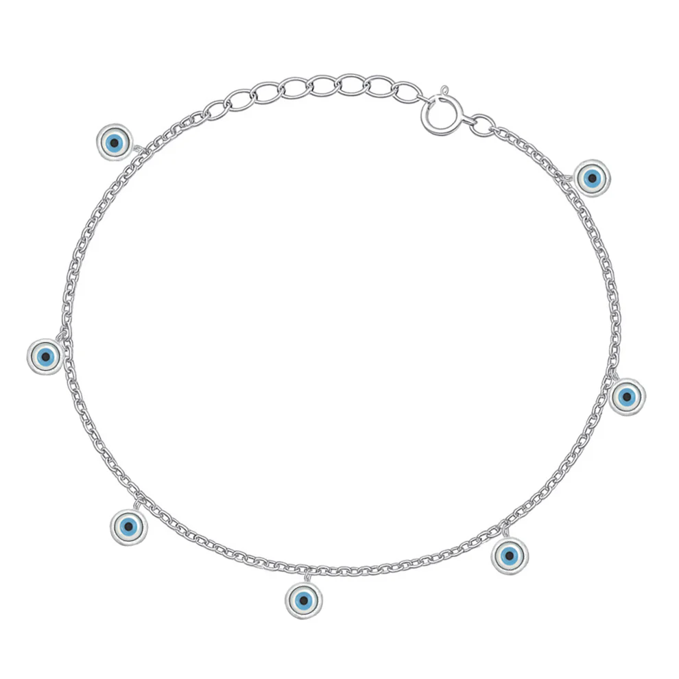 Sterling Silver Rhodium Plated Evil Eye Charms Bracelet