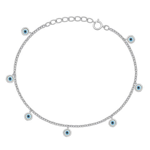Sterling Silver Rhodium Plated Evil Eye Charms Bracelet