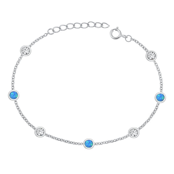 Sterling Silver Rhodium Plated Station Round Clear CZ And Blue Lab Opal Bracelet