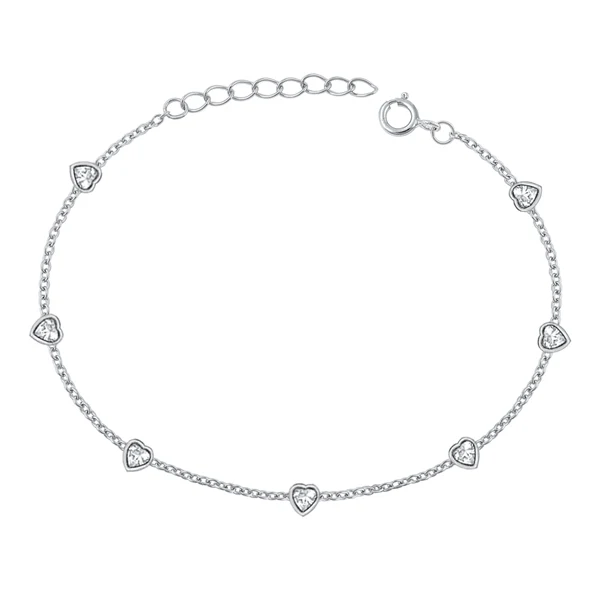 Sterling Silver Rhodium Plated Heart Clear CZ Bracelet