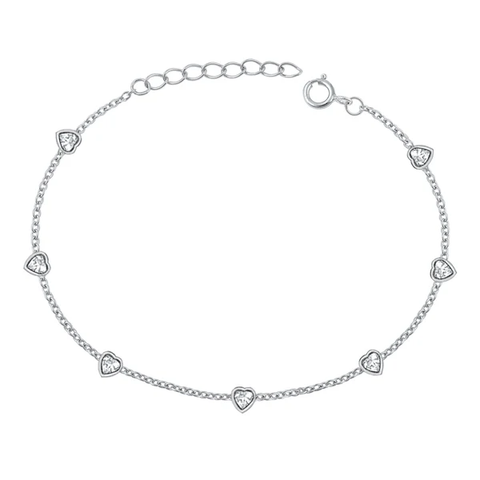 Sterling Silver Rhodium Plated Heart Clear CZ Bracelet