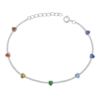 Sterling Silver Rhodium Plated Multi Colored CZ Hearts Bracelet