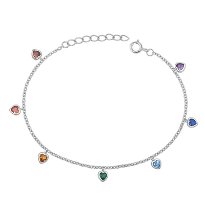 Sterling Silver Rhodium Plated Multi Colored CZ Heart Bracelet