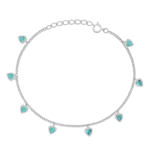 Load image into Gallery viewer, Sterling Silver Rhodium Plated Turquoise Heart Charms Stone Barcelet
