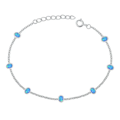 Sterling Silver Rhodium Plated Oval Blue Lab Opal Bracelet