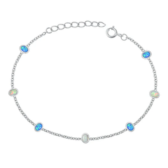 Sterling Silver Rhodium Plated Oval Blue And White Lab Opal Bracelet