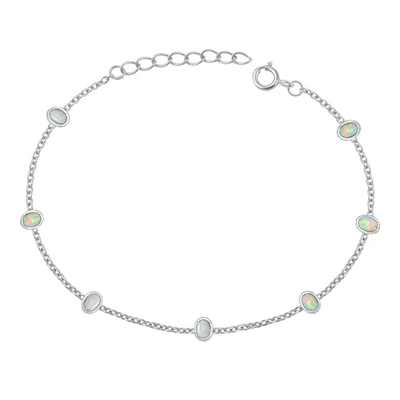 Sterling Silver Rhodium Plated Oval White Lab Opal Bracelet
