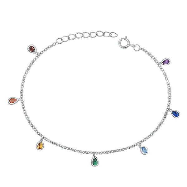 Sterling Silver Rhodium Plated Multi Colored CZ Teardrop Bracelet