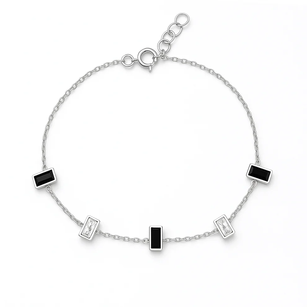 Sterling Silver Rhodium Plated Black And Clear CZ Rectangle Bracelet